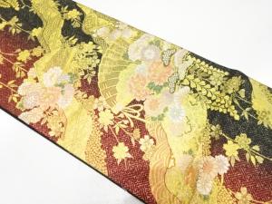 アンティーク　桧扇に牡丹・菊模様織り出し袋帯（材料）